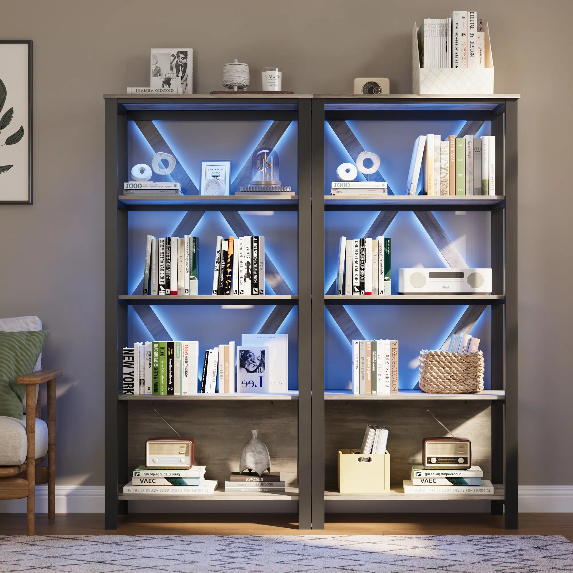 Industrial Bookshelf with Dimmable RGB LED Lights – Modern Freestanding Metal & Wood Bookcase – Open Storage Display Shelf – Sturdy Anti-Tip, Easy Assembly – For Home Office, Living Room, Bedroom