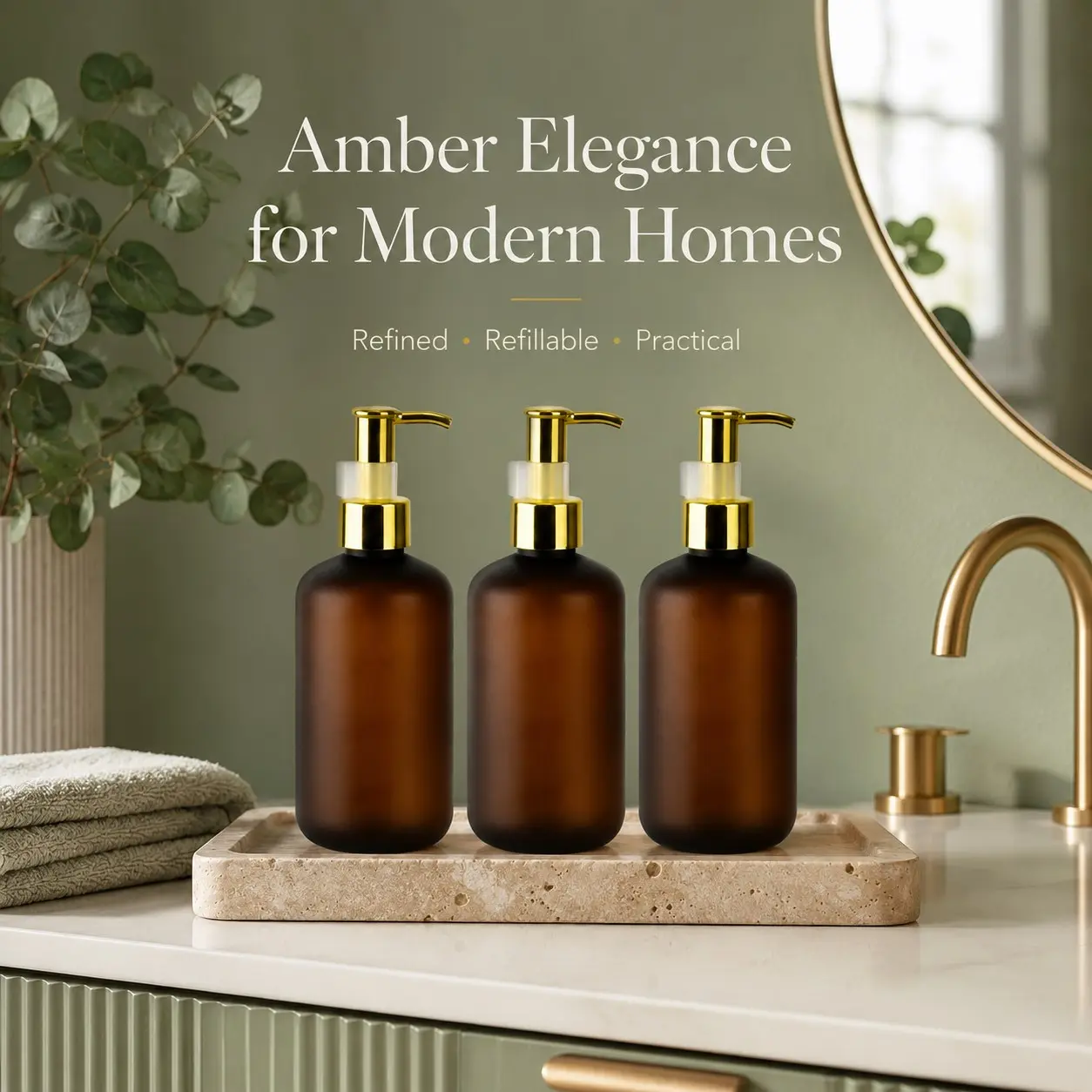 3 Pack 250ML Amber Frosted Dispenser Bottles, Reusable Pump Bottle Set, Refillable Bottle for Shampoo, Conditioner, Lotion, Hand Soap, Toiletries Dispenser, Eco-Friendly Storage Solutions, Liquid Soap Dispenser, Soap Container