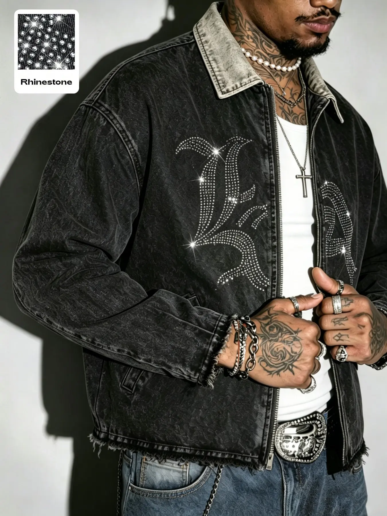 Men's Vintage Washed Cotton Denim Zipper Jacket, Colorblock Lapel with Rhinestones, Loose Fit Streetwear Outerwear, American Hip Hop Style, Street Fashion Outerwear