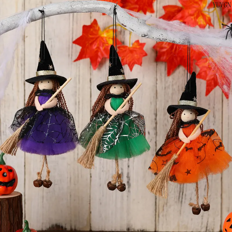 3PCS Halloween Witch Doll Hanging Ornament, Tulle Skirt Broom Witch Fabric Pendant, Spider Bat Print Home Window Tree Decor for Holiday Party Styling