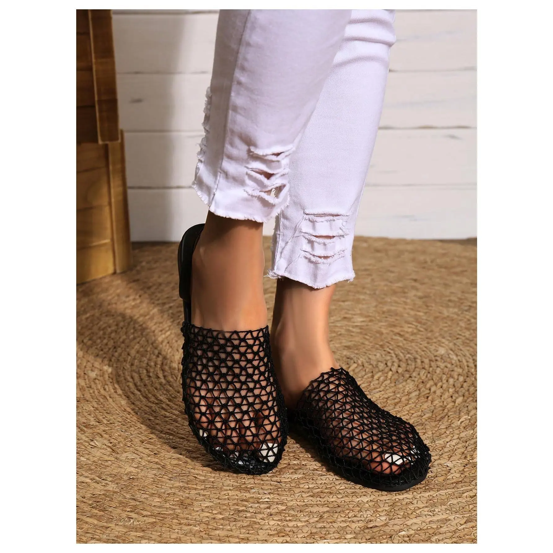 Fishnet Mesh Flat Sandals Metallic Woven Mules Closed Toe Slip On Slides Summer Shoes