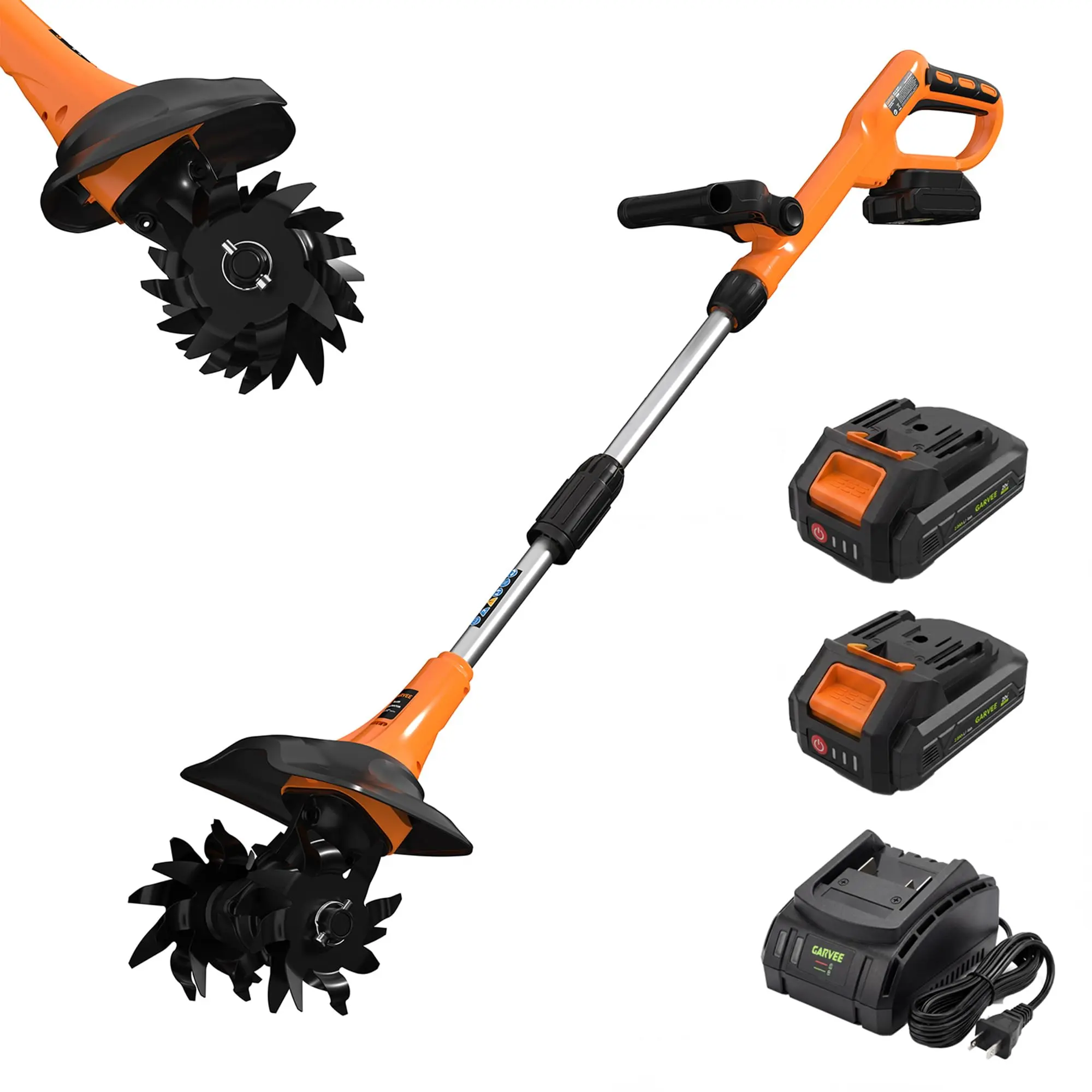 【Garvee】Wireless Electric Garden Tiller – 9" Wide, 6.6" Deep – 20V Battery Powered Cultivator, 2x2.0Ah Rechargeable Batteries, 4 Steel Tines, 360 RPM – Lightweight Mini Rototiller for Raised Beds, Flower Beds, Soil, Lawn