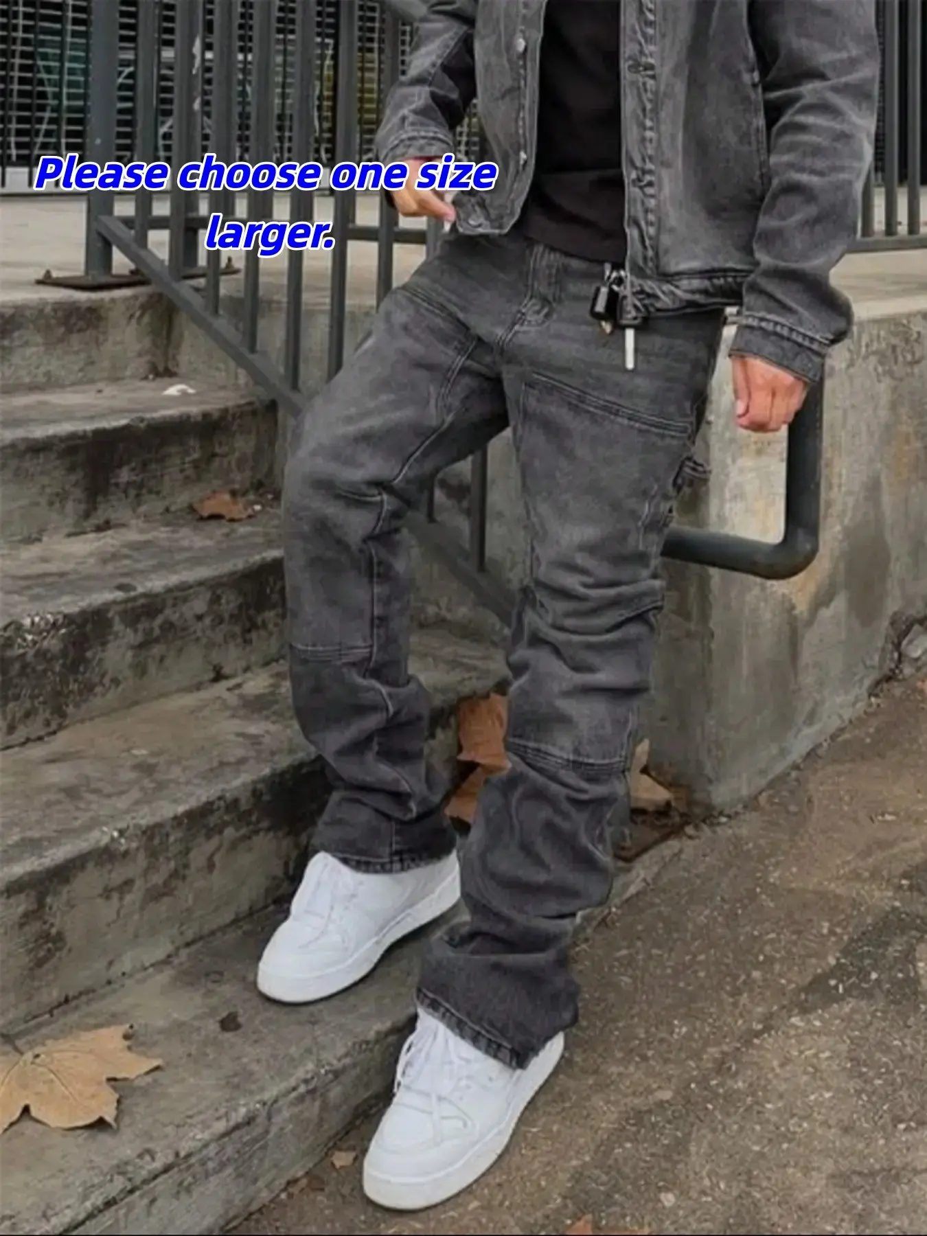 Men's Denim Jeans Pants, Washed Solid Color, Elastic Patchwork Design, Slim Fit and High Street Korean Style, Streetwear Clothing
