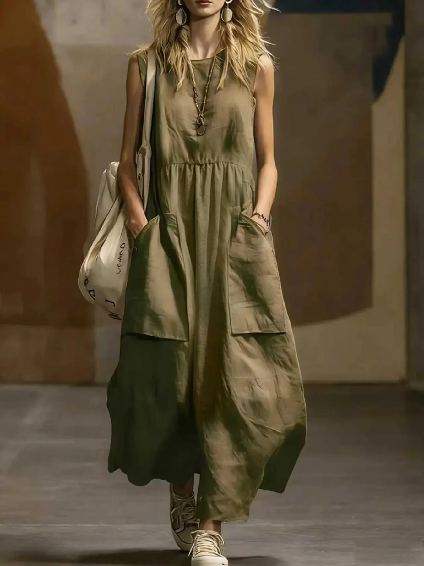 New Summer Women's Loose Fit Sleeveless Solid Dress, Simple Design with Pockets, Long Dress for Casual Wear, Fashionable and Comfortable, Elegance