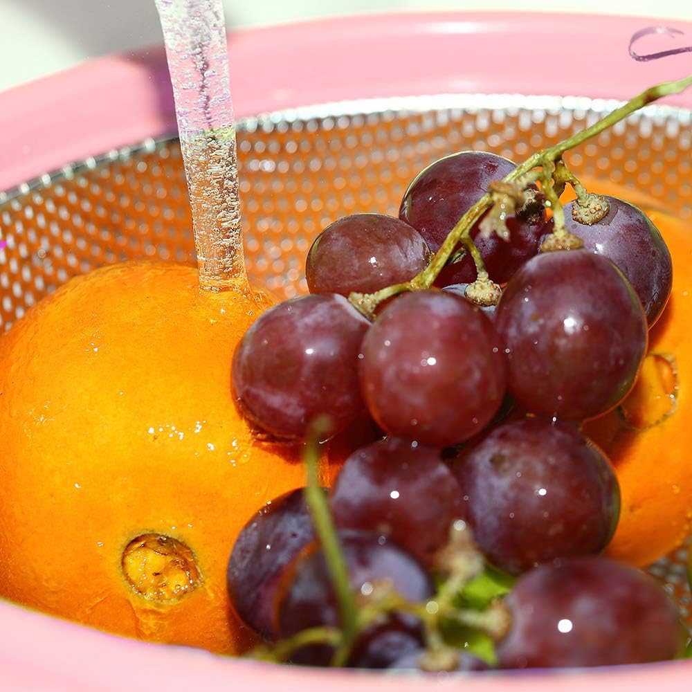 Stainless Steel Colander With Handle and , Large Metal Pink Strainer for Pasta, Spaghetti, Berry, Veggies, Fruits, Noodles, Salads, 5-quart 10.5" Kitchen Mesh Colander, Dishwasher Safe