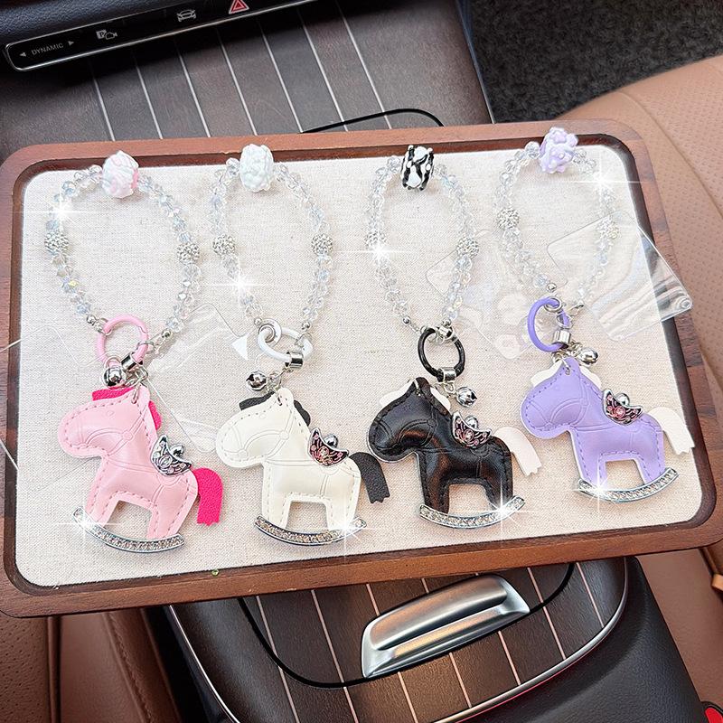 Viral Bling Leather Rocking Horse Keychain, Cute Rhinestone Pony Bag Charm, Luxury Car Key Ring Accessory for Women