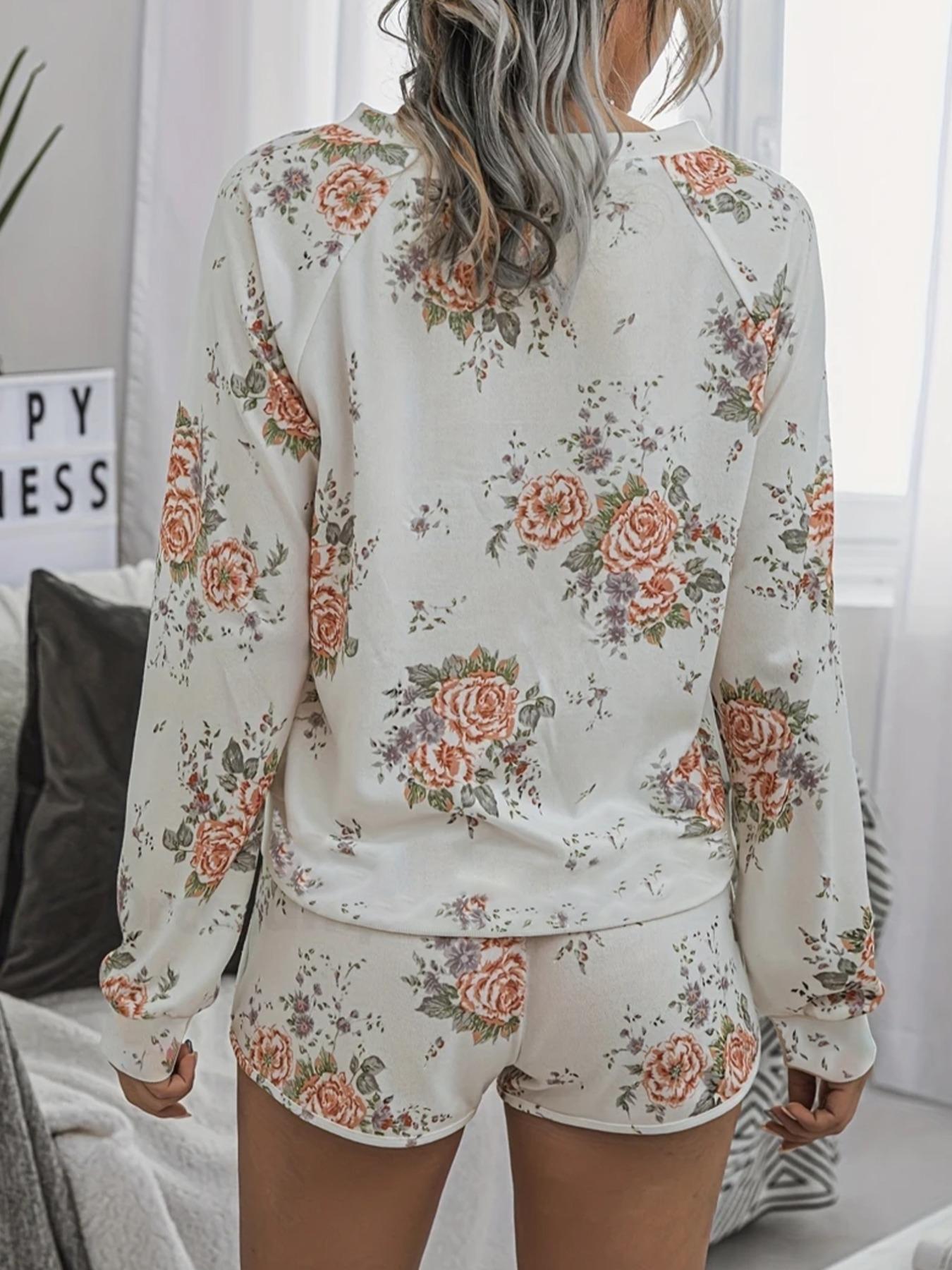 Women's Solid Raglan Sleeve Tee & Drawstring Waist Shorts Loungewear Two-piece Set Pajama Set, Casual Comfy Round Neck Top & Pocket Shorts PJ Set, Ladies Sleepwear for Spring & Fall