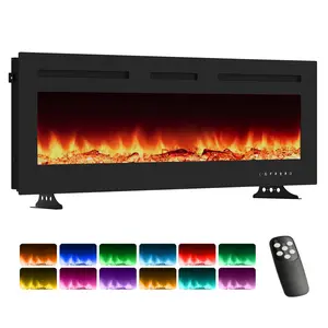 Modern Electric Fireplace 50 Inch – Wall Mounted or Recessed Heater, 12 LED Flame Colors, 5 Brightness Levels, 900/1800W, Timer, Touch Panel, Remote Control, Living Room