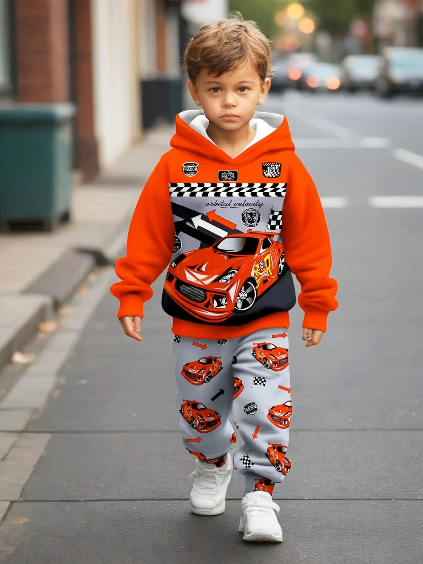 Boys' Spring & Fall Sweatshirt Set, Cartoon Car Print, Hooded Top + Long Pants, Loose-Fit, Perfect Gift for Kids, Casual Style, Graphic Print Set