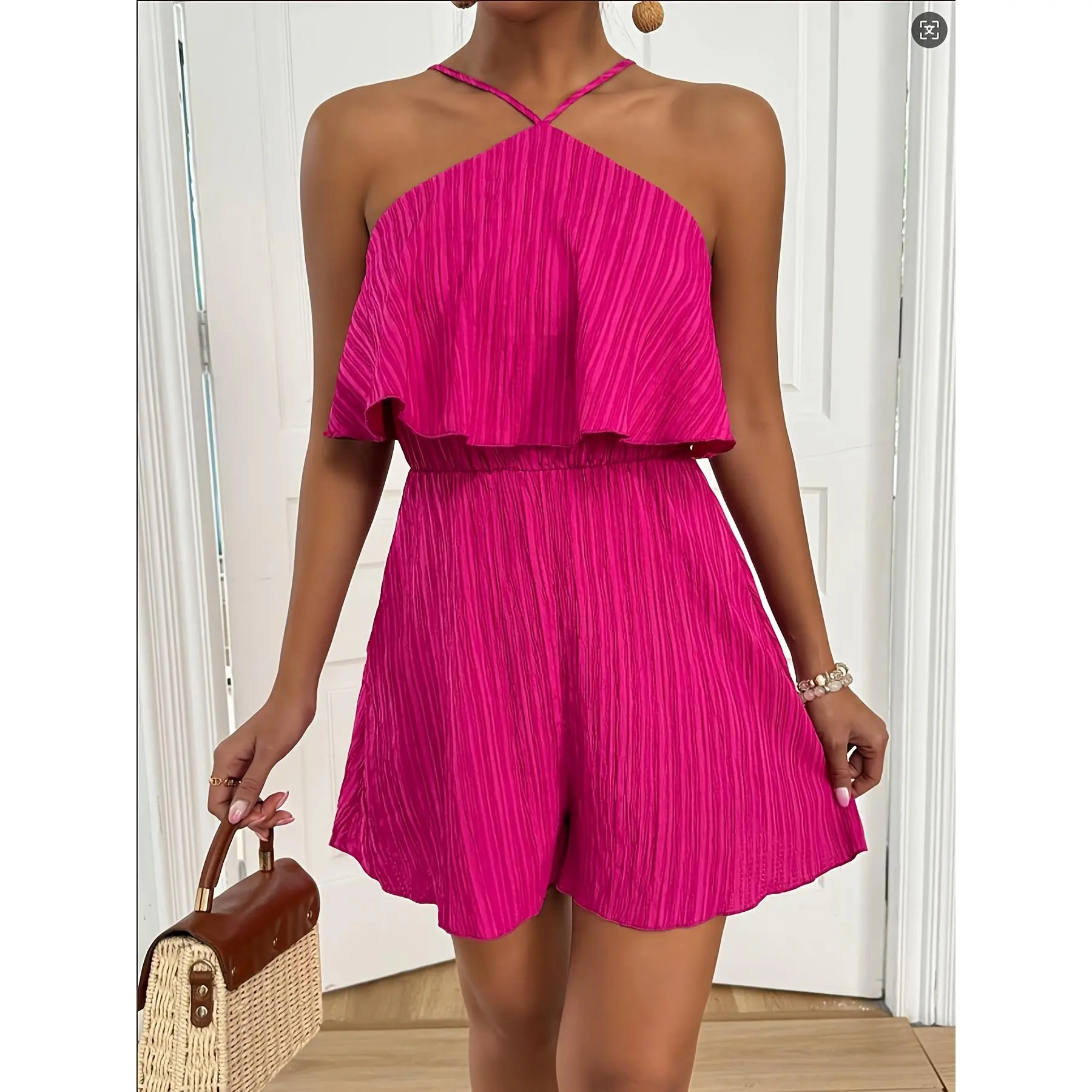 Elegant Off-Shoulder Jumpsuit Women's Outfit - Summer 2026, Solid Color, Casual, Versatile, Two-Piece, Sleeveless
