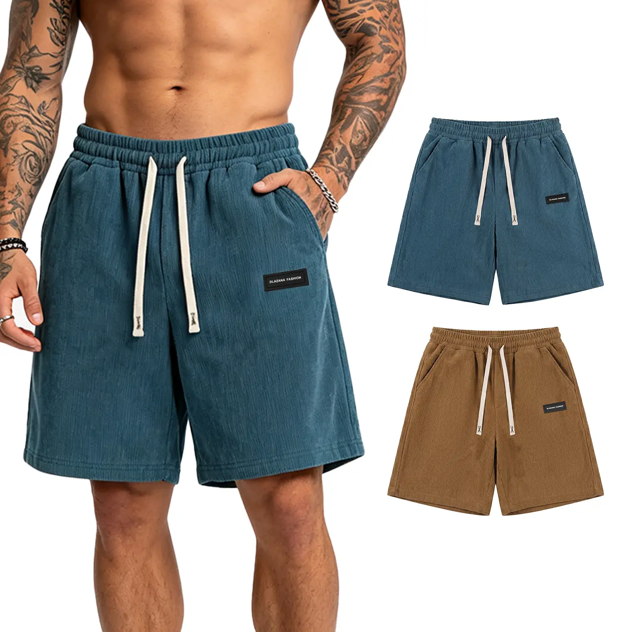 Men's Solid Corduroy Drawstring Shorts (1/2 Pack) - Menswear, Polyester Textured Fabric, Relaxed Fit, Above Knee, Adjustable Waist, Cold Wash, Perfect for Summer Streetwear, Casual Weekend Outings, Solid Colors