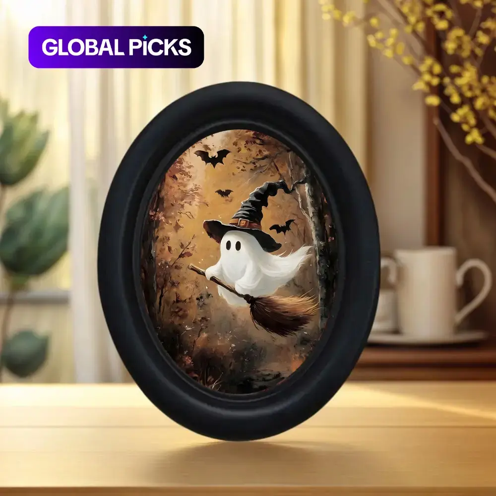 Vintage Ghost with Cat Sitting on Witch Broom Desk Decor Home Decor Ornaments 5.25x4.16 Inches, Hand-Carved Oval Home Decoration Decorative Ornament for Halloween Christmas Thanksgiving Desktop Ornament Handmade Ornament #GLOBAL PICKS