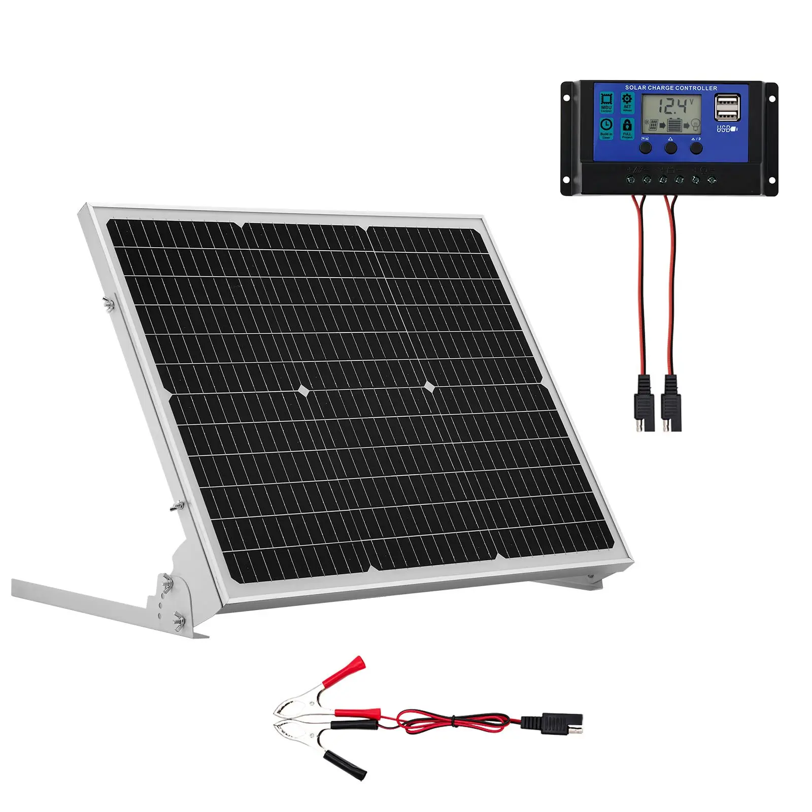 VEVOR 50W 12V Solar Battery Trickle Charger Maintainer, Mono Solar Panel Battery Charger with Upgraded MPPT Controller Adjustable Mount Bracket, IP65 Waterproof for Car Boat RV Trailer House Roof