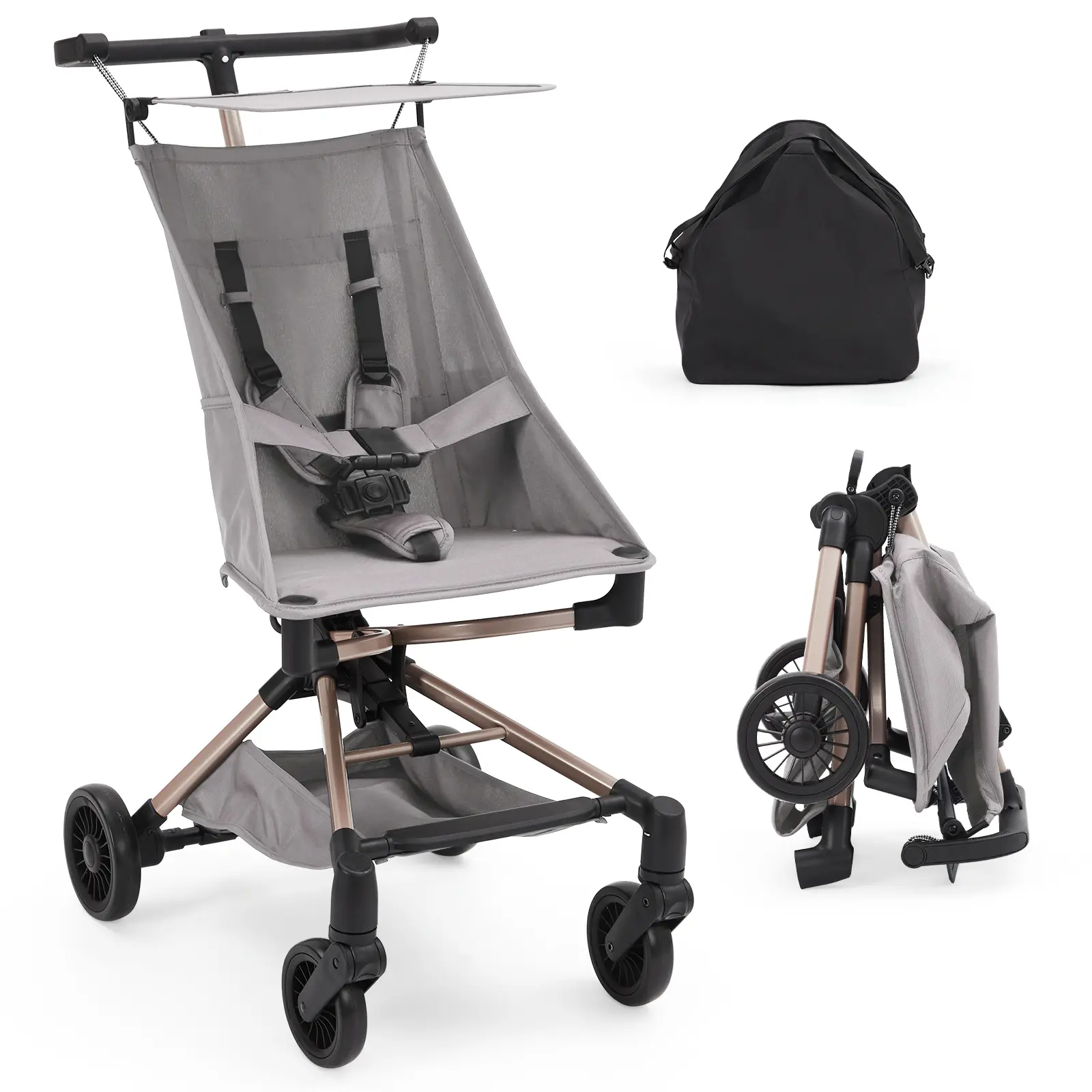 Lightweight Baby Travel Stroller, Mini Convenience Umbrella Stroller with Adjustable Canopy, Compact Travel Stroller for Airplane with Carry Bag, Lightweight Stroller with 360° Swivel Wheels, 3 Point Safety Harness