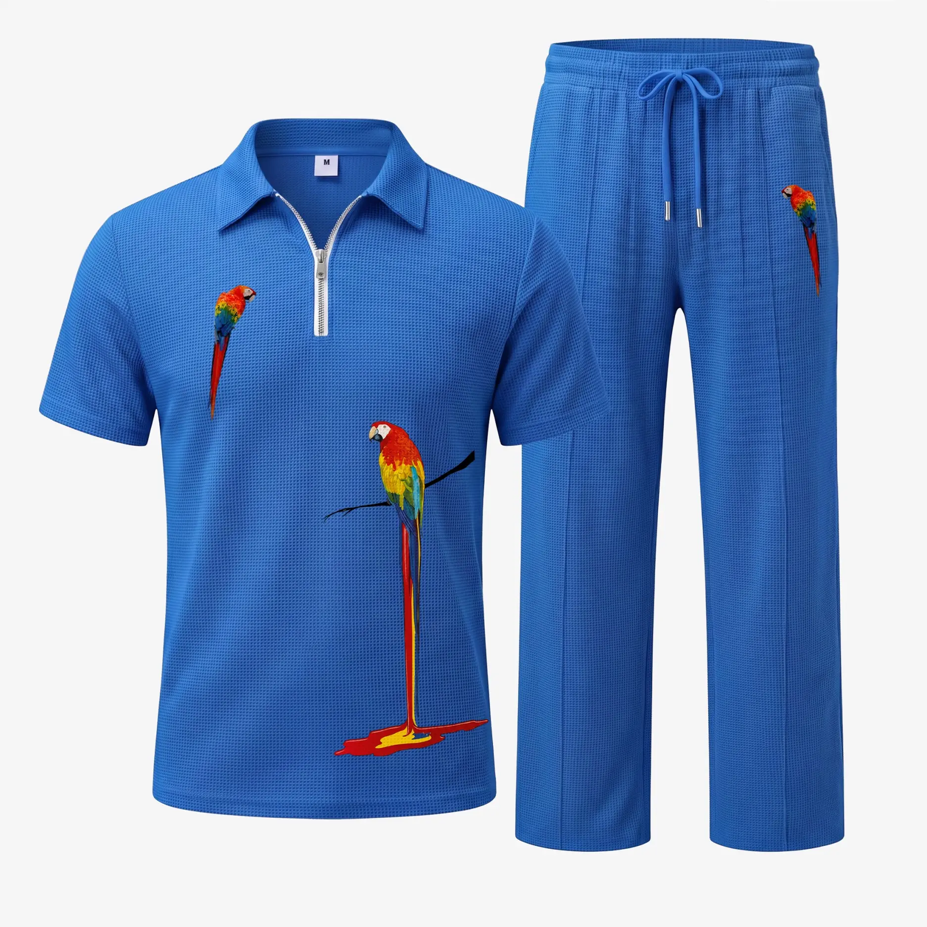 Men’s Parrot Print Waffle Fabric Zip Collar Polo Shirt and Pants Set, Short Sleeve Polo Top with Matching Drawstring Trousers, Casual Two Piece Outfit