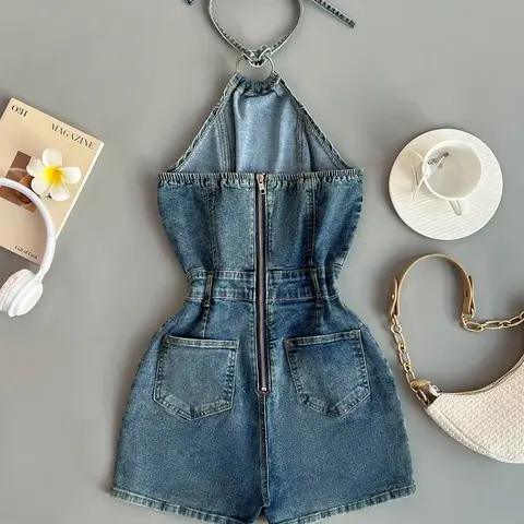 Women's Vintage Denim Romper, Halter Neck Design, Crop Top Style, Casual Fashion, Daily Wear, Summer Retro Jeans Romper, Halter Sleeveless Romper