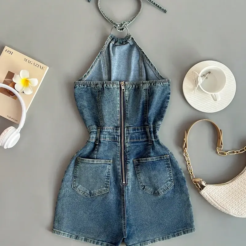 Women's Vintage Denim Romper, Halter Neck Design, Crop Top Style, Casual Fashion, Daily Wear, Summer Retro Jeans Romper, Halter Sleeveless Romper