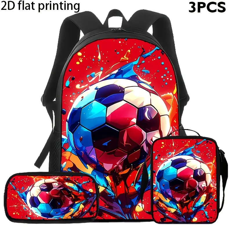 Polyester 3-Piece Soccer Backpack Set - Faceted Ball Sports Look School Bookbag with Adjustable Straps, Matching Lunch Bag & Pencil Case, Red Paint Splash Kids School Days Travel Practice Daypack Gift