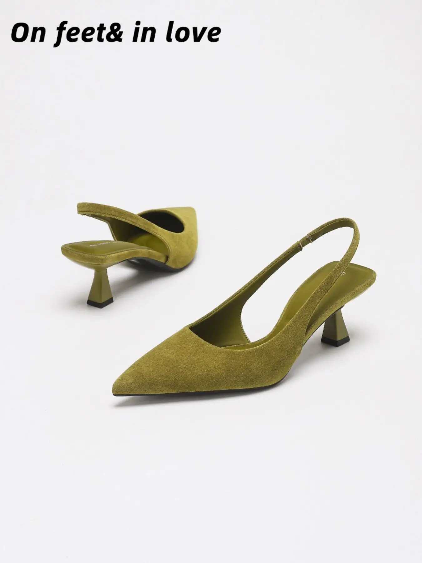 Women's All Sizes Olive Green Matte Faux Suede Pointed Toe Slingback Flared Kitten Heel Pumps, Exquisite Heels, Adjustable Strap Non Slip Cushioned Dress Shoes for Office Work Date Night Casual Brunch soft sole high heel footwear