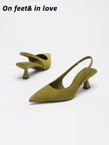 Women's All Sizes Olive Green Matte Faux Suede Pointed Toe Slingback Flared Kitten Heel Pumps, Adjustable Strap Non Slip Cushioned Stable Dress Shoes for Office Work Date Night Casual Brunch Summer Business Outfits soft sole high heel footwear