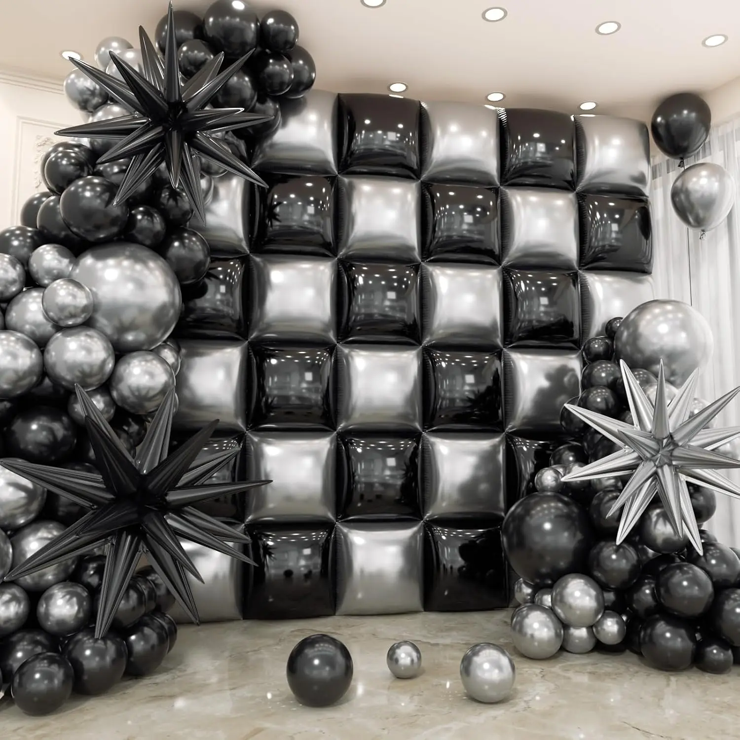 36+147 Pcs Black & Silver Double-Sided Square Foil Wall Backdrop & Garland Arch Kit, Home & Festive Party Decor for Birthday, Graduation