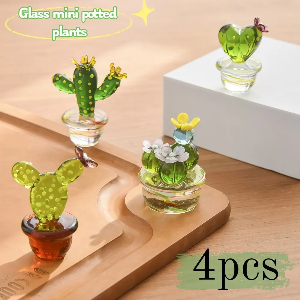 4Pcs Mini Cactus Art Glass Blown Handmade Glass Figurines Collectibles Table Home Decoration Simulation Plants Tabletop Decor