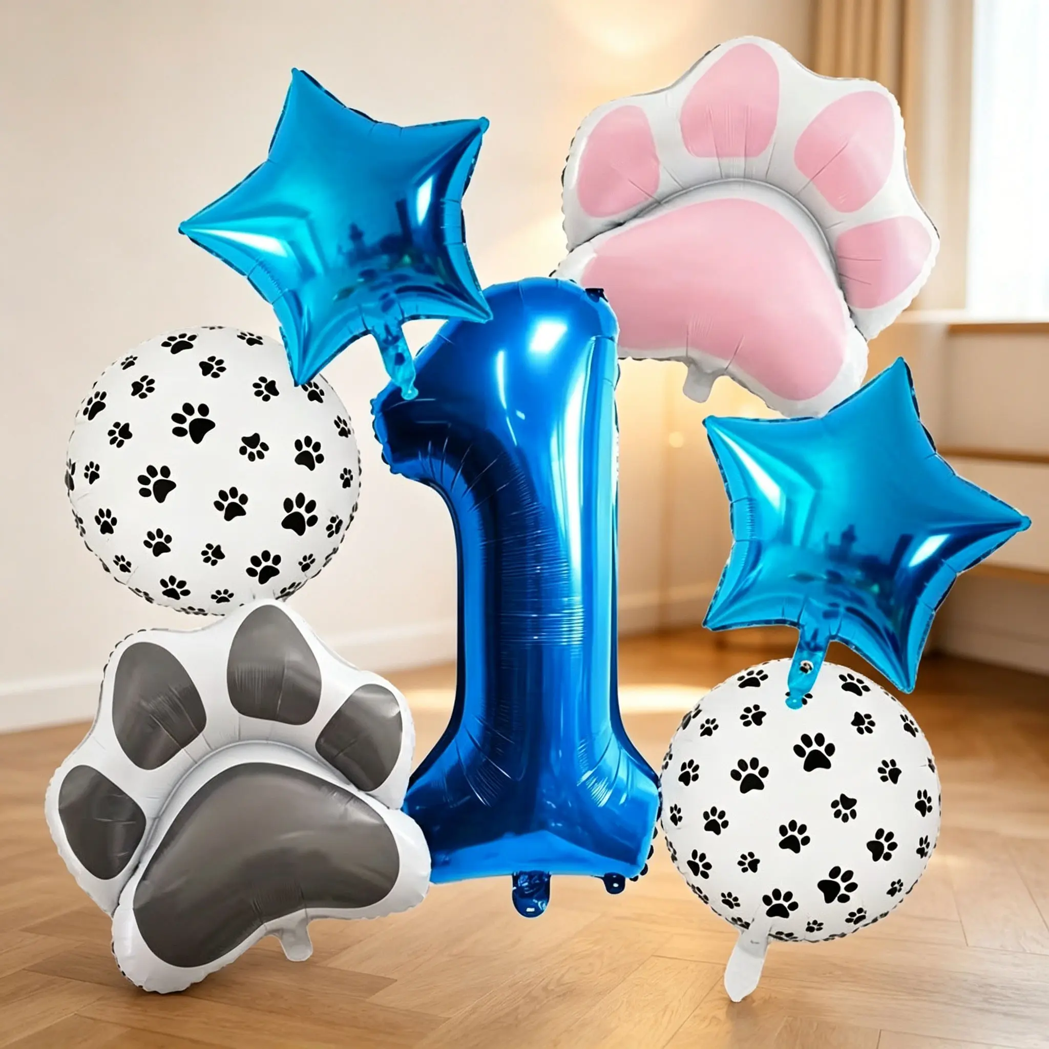 9-Piece Pet Paw Print Birthday Balloon Set, / Paws, 32-Inch Blue Numbers, Star Decor, Party Supplies, Photo Props, Event Decoration