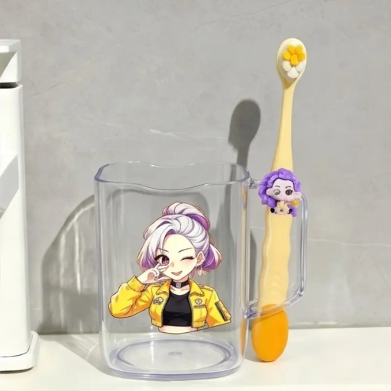 Cute Cartoon Character Toothbrush Cup Set, Bathroom Accessory, Handle Brushing Cup, Mouthwash Cup, Acrylic Bathroom Water Cup, Soft Bristle Toothbrush, Birthday Gift