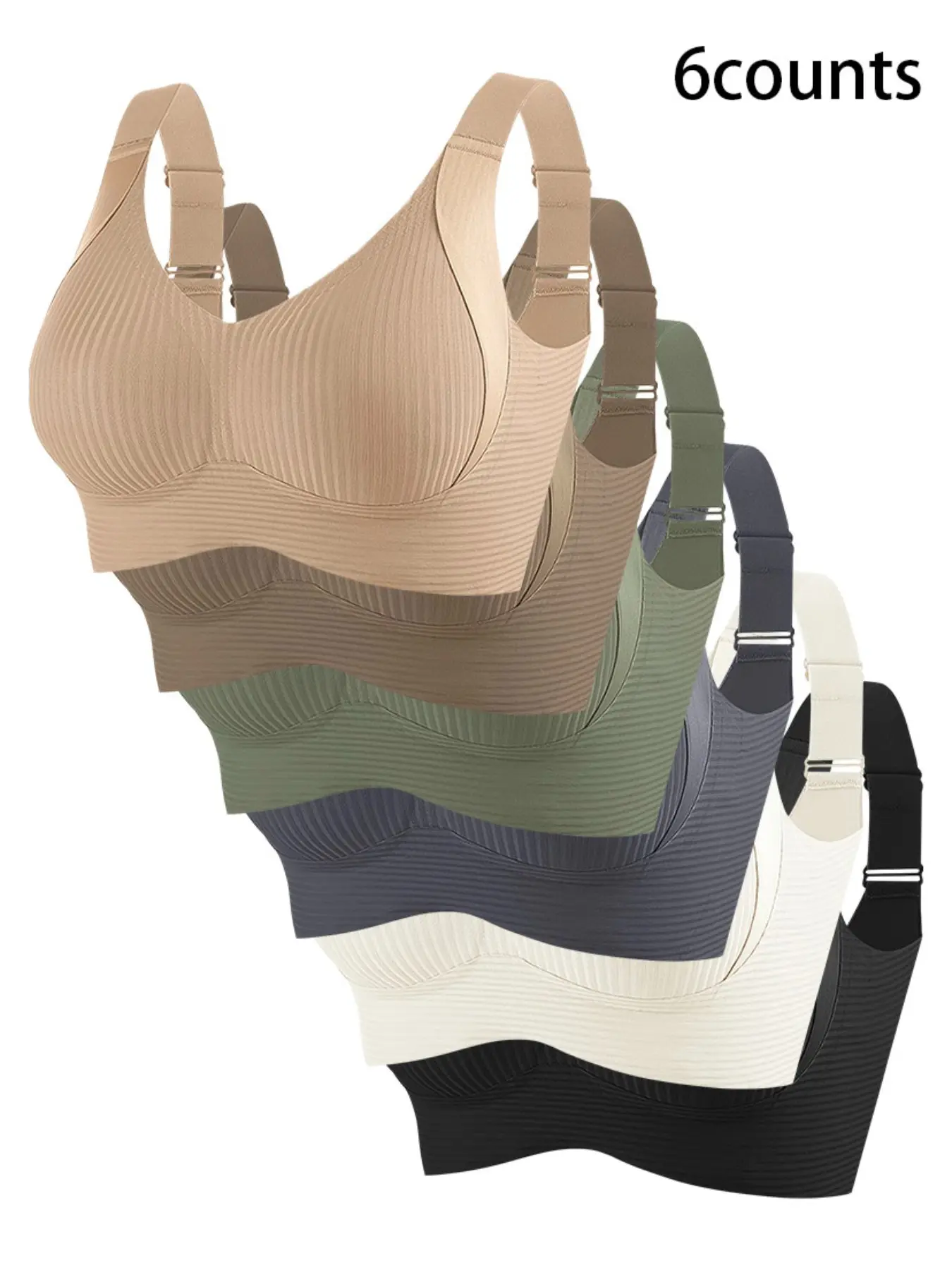 Women's Wireless Lift Everyday Bra Set, Wide Shoulder Strap Simple Design, All-Season Comfort No Steel Cup, Pack of 6, Casual Style