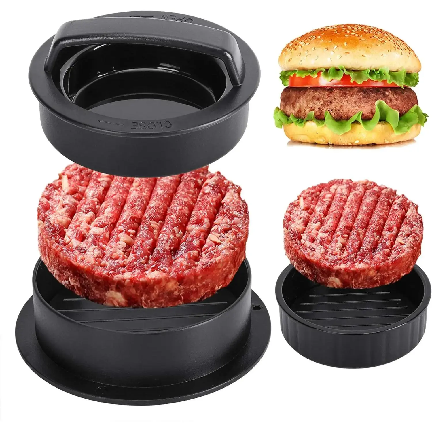3-in-1 Round Non-Stick Burger Press Gadget - Kitchen Household Products, Ultimate Tool for Meat/Beef/Veggie Burger Mold, Stuffed Slider Maker, BBQ Utensil Christmas Gift