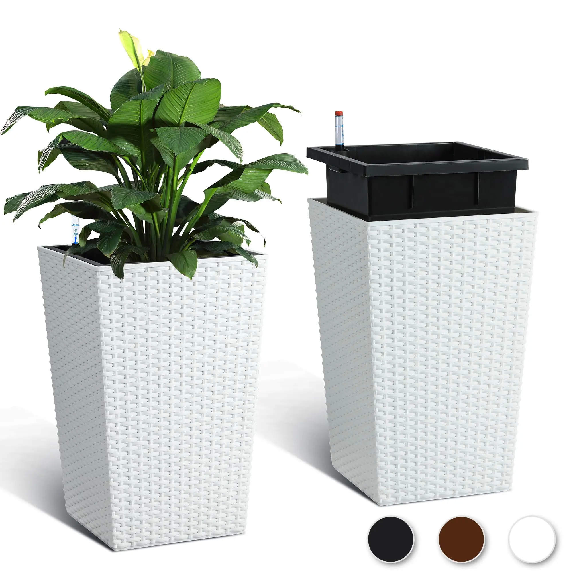 GAOMON Heavy Duty Tall Wicker Outdoor Planters Set of 2 – 22.5" & 24" Large Flower Pots with Built-In Drainage, Detachable Liners – Modern Patio, Porch, Garden, Backyard, or Front Door Decor