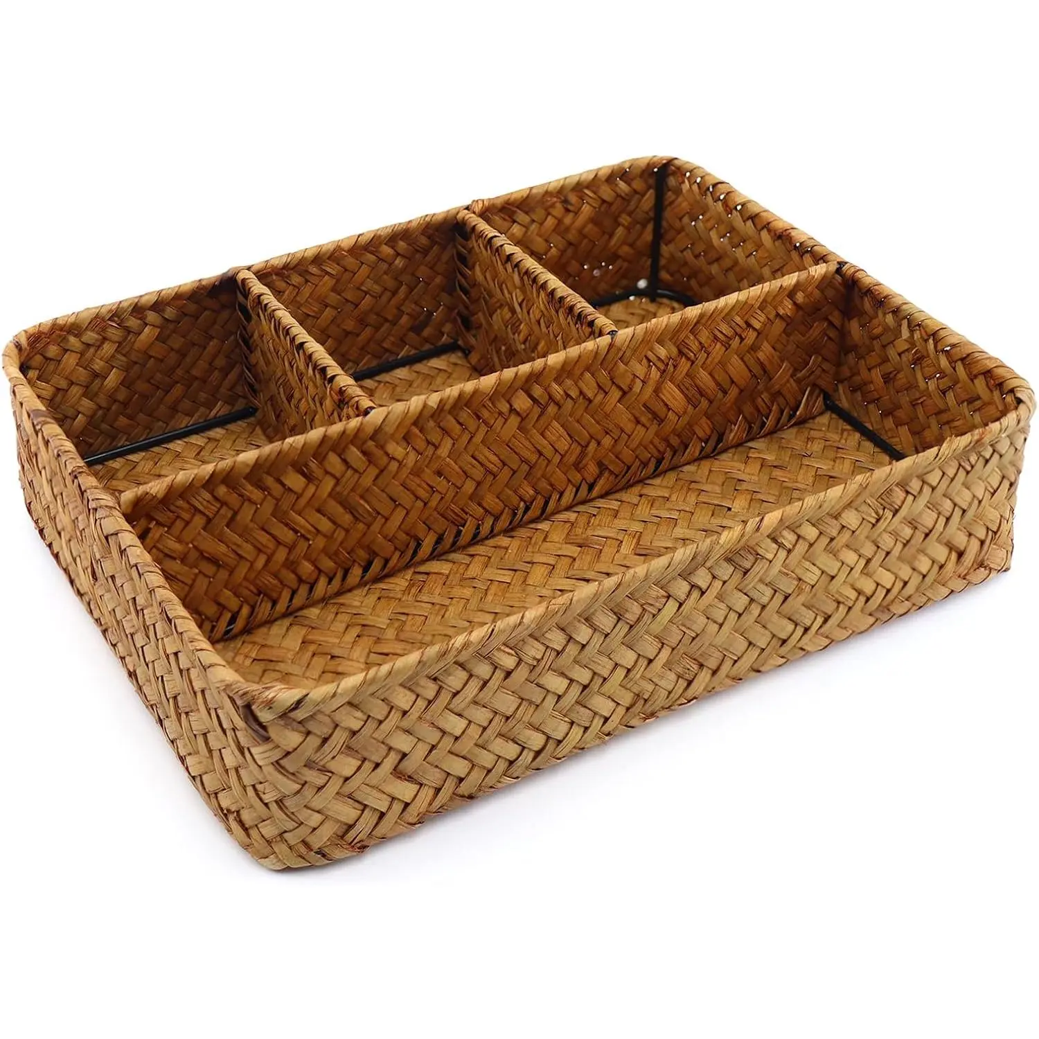 Wicker Baskets 4-Section  Bag/Sugar Packet Holder,Seagrass Woven Compartment Organizer,Storage Rattan Divided Basket,Office-Desk Baskets for Shelves,Pantry,Coffee Station Organizer,Countertops