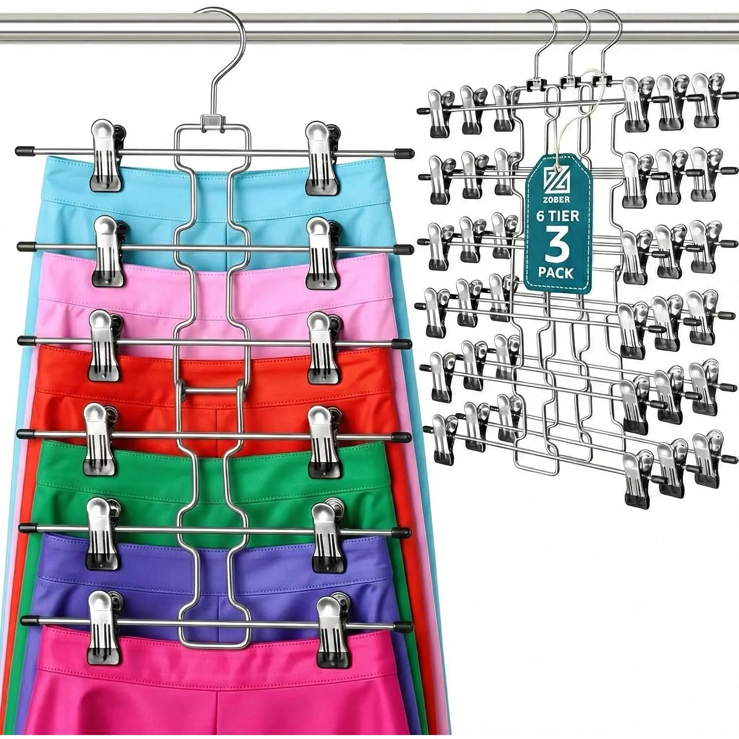 3-Pack 6-Tier Skirt Hangers with Clips - Pants Hangers with Clips Saving, Closet Organization, Swivel, College Dorm, Skirt Hangers for, Jeans Organizer for Closet| Chrome,-coated clips, swivel, pants hangers with clips saving for jeans and shorts, 18.25 x