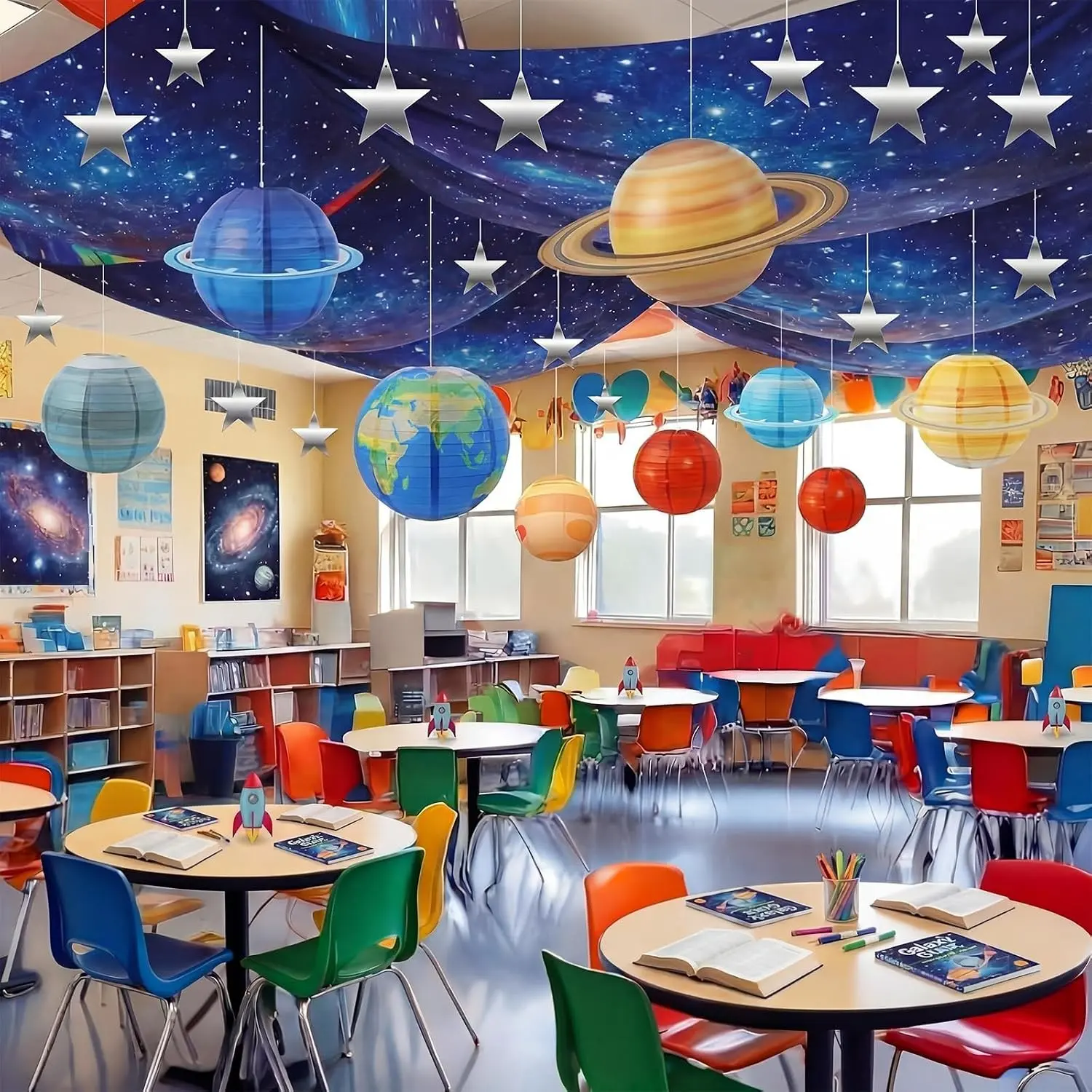 45 Pcs Space Classroom Decorations for Back to School Galaxy Ceiling Decor with Solar System Paper Lanterns, Stars, Hooks, Outer Space Classroom Decor for Teachers School Party Kids Room