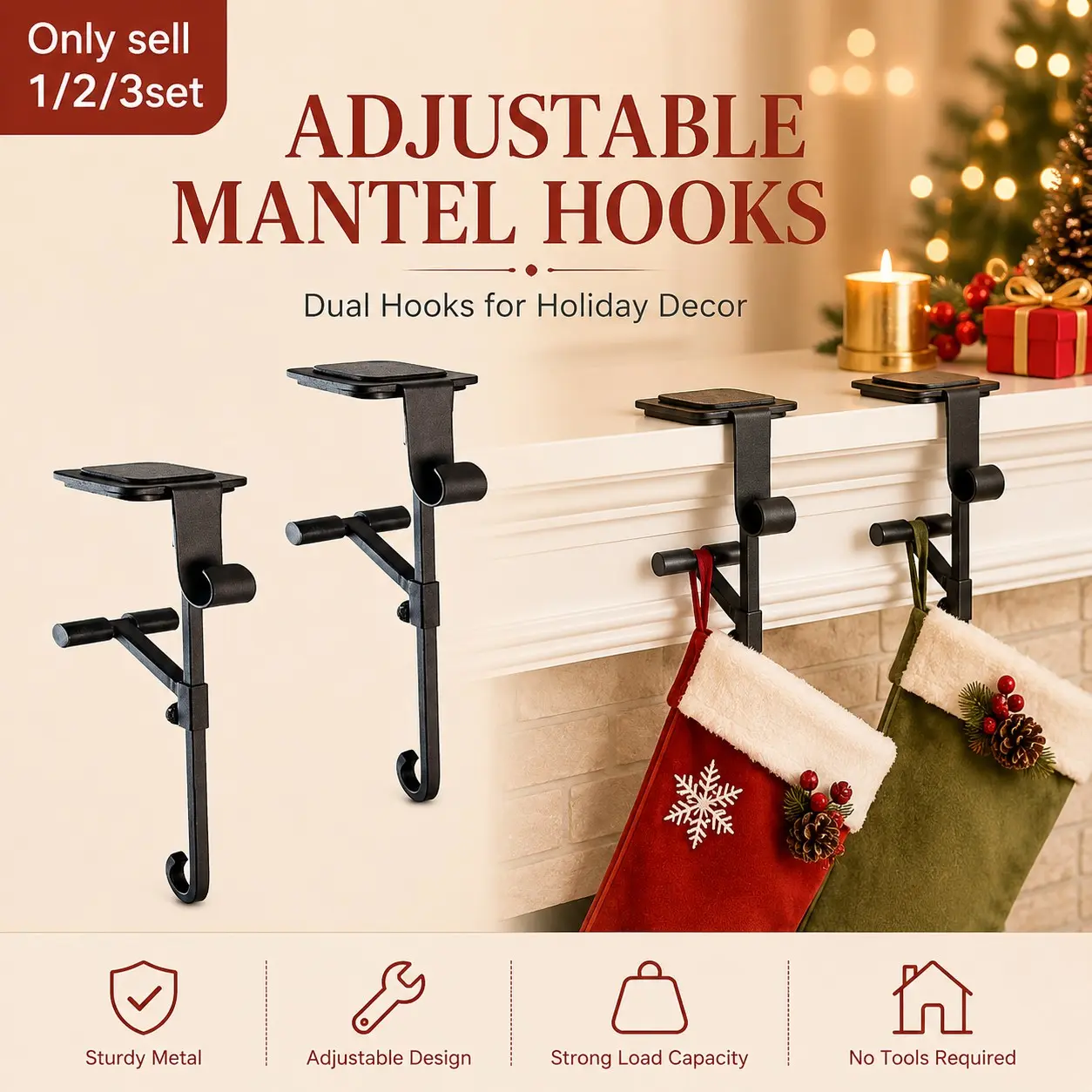 1/2/3 set Adjustable Mantel Hooks, Metal Stocking Holders With Dual Hook Design, Decorative Bracket Hook, No-Drill Fireplace Garland Hangers for Mantel, Shelf, Holiday Home Decor