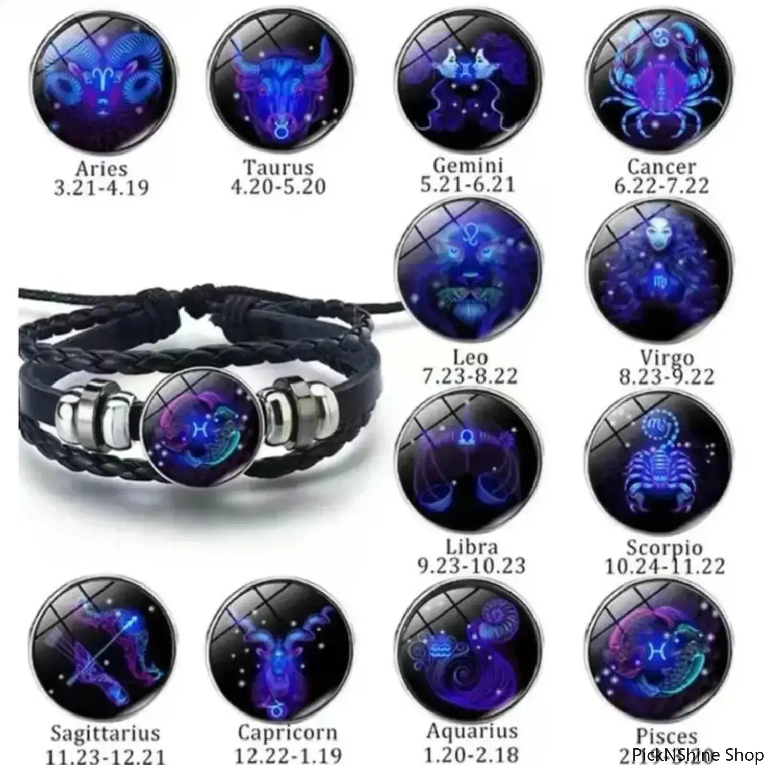 Women's Adjustable Black Leather Zodiac Constellation Wrap Bracelet - Lucky, Glowing Night-Glow Glass, Energy, Strength, Day-Night Style, Casual All-Season Aries/Cancer Jewelry, Valentine's Day Gift