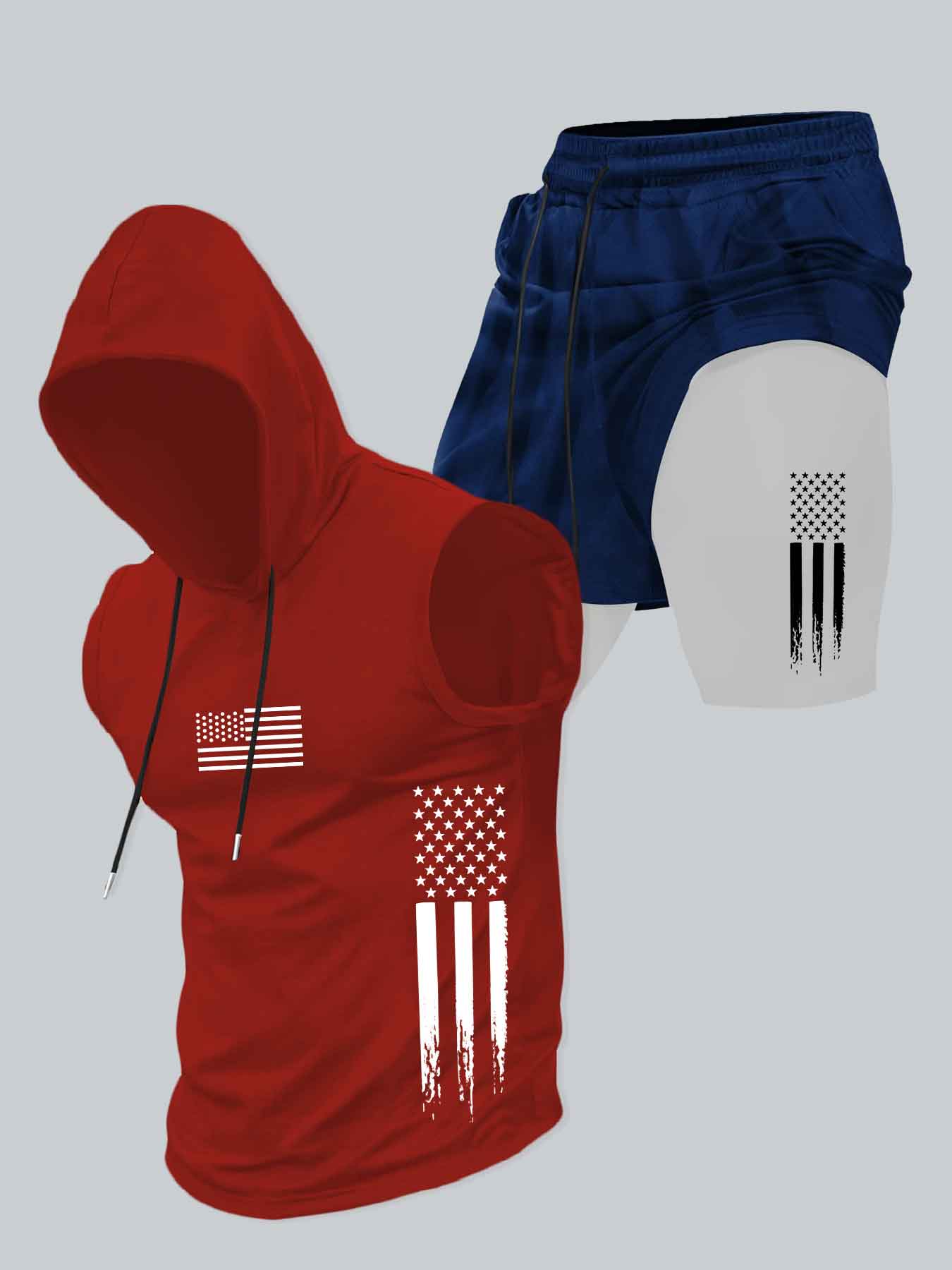 Two-Piece Set Men's American Flag Print Hooded Tank Top & Shorts Set, Regular Fit Casual Athletic Fashion Activewear Sleeveless Top & Shorts, Men's Summer Clothes