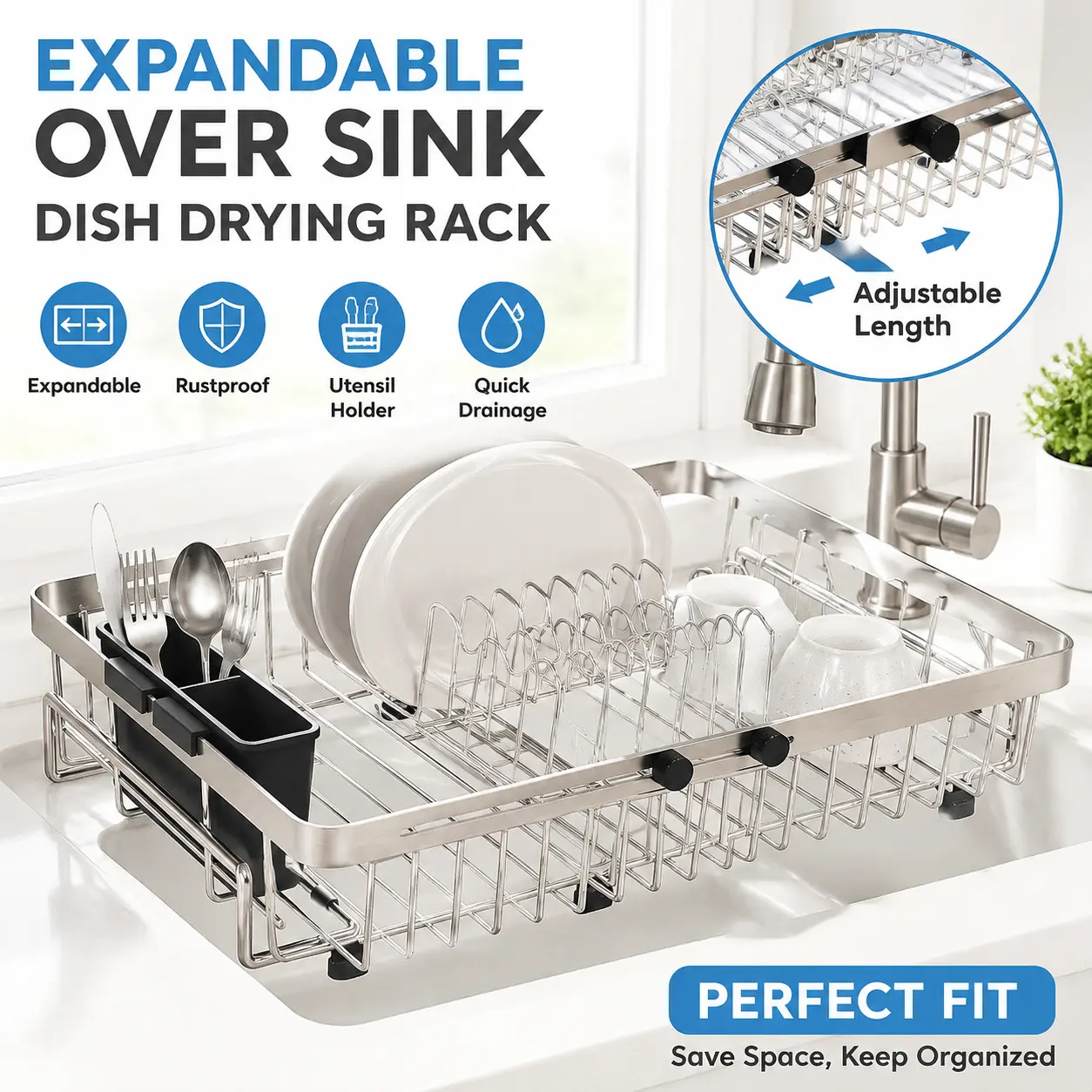 Functional Expandable Stainless Steel Grid Sink-Over Dish Drying Rack with Utensil Holder, Rustproof Counter-Saving Kitchen Accessories for Small Kitchens, RVs