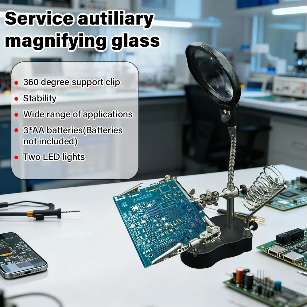 Hands-Free Adjustable Soldering Stand with Magnifier and LED Light, Electronic Inspection Magnifier with Clip and Flexible Arm