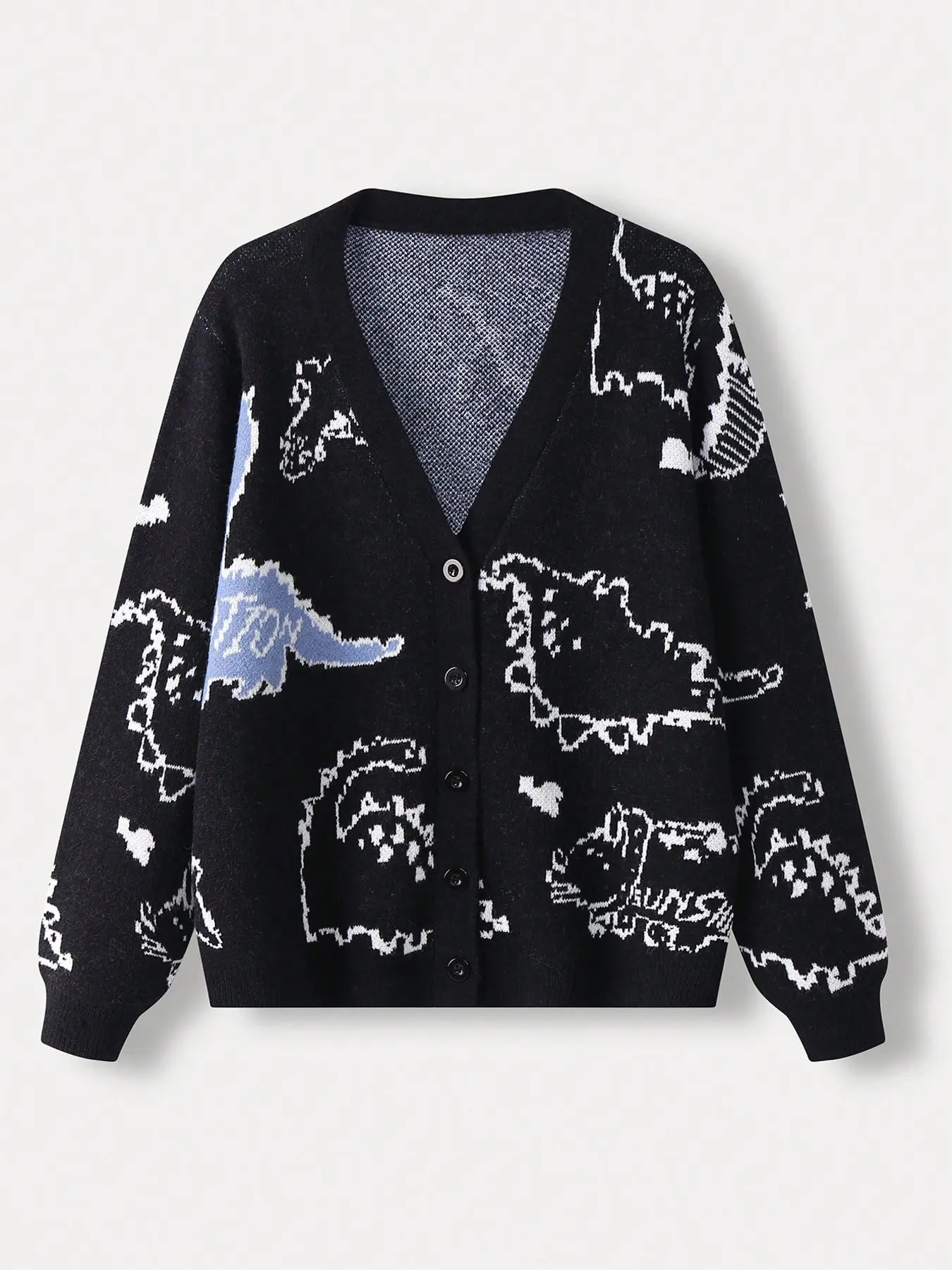 Plus Size Dinosaur Print Knit Cardigan Fabric for Women, Light V Neck Button Down, Loose Long Sleeve Cartoon Sweater Coat, Curvy Casual Outwear, Knitwear