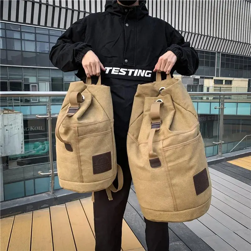 Unisex Large Capacity Synthetic Waterproof Canvas Bucket Backpack - Draw String Bag, Solid Colors, Outdoor Hiking Luggage Shoulder Bag