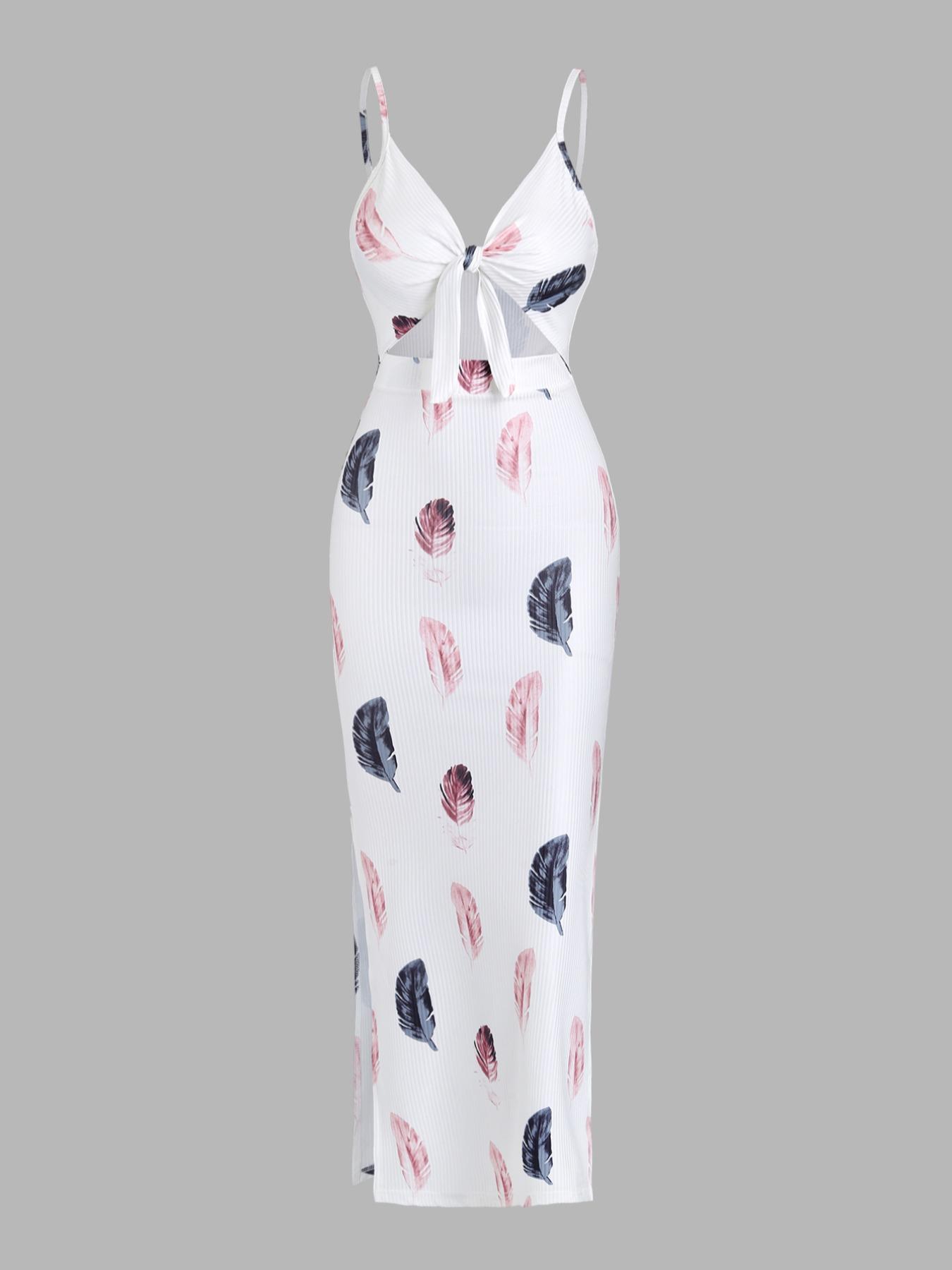 Women's Plain Cut Out Knot Front Split Thigh Bodycon Fit Dress, Solid Spaghetti Strap Cami Dress, Ladies Casual Summer Dress for Evening Party Nightclub