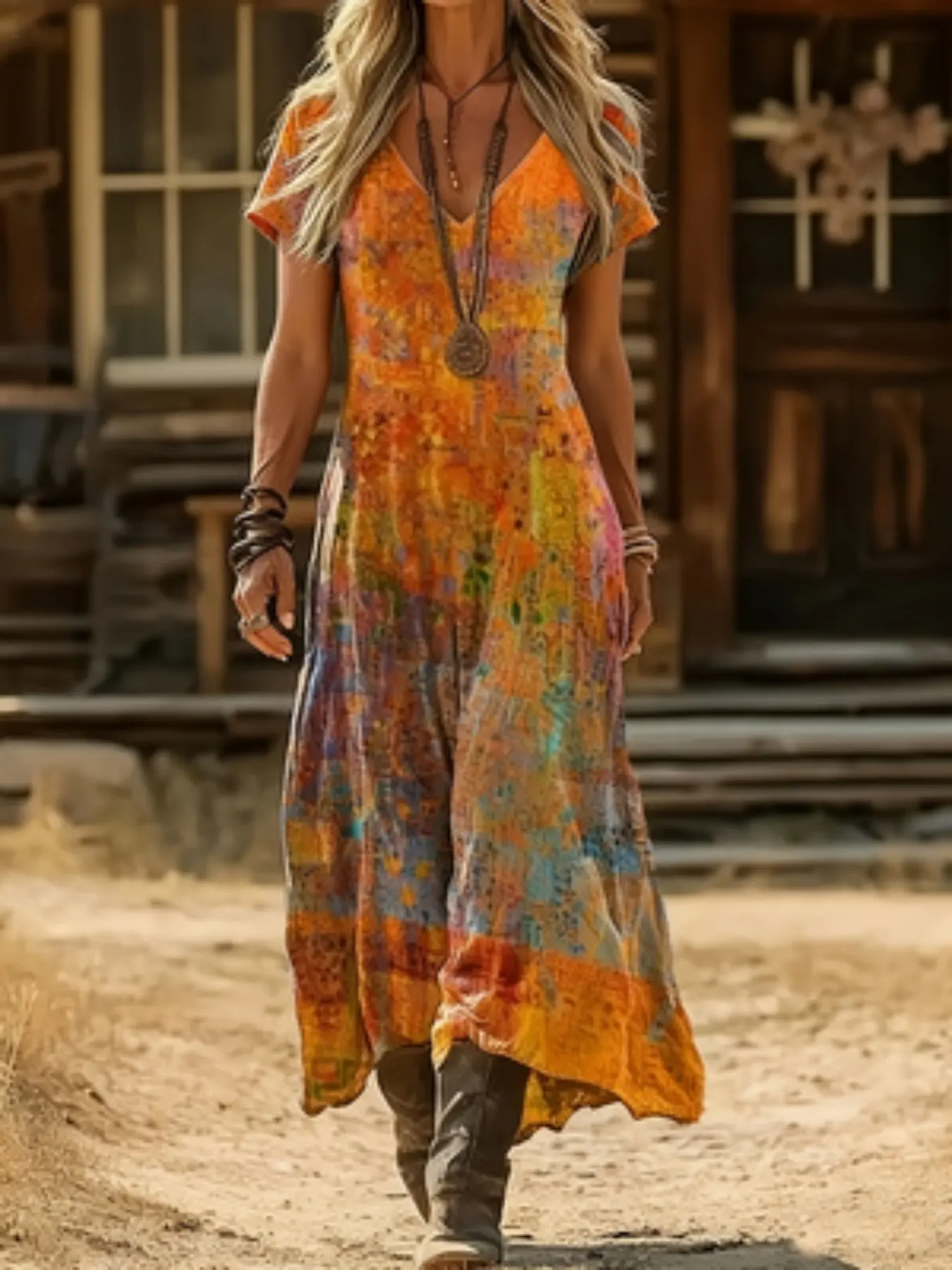 Spring Summer Vintage Bohemian Boho Print Dress V Neck Short Sleeve, Retro Style Casual Wear, Women's Fashion Clothing