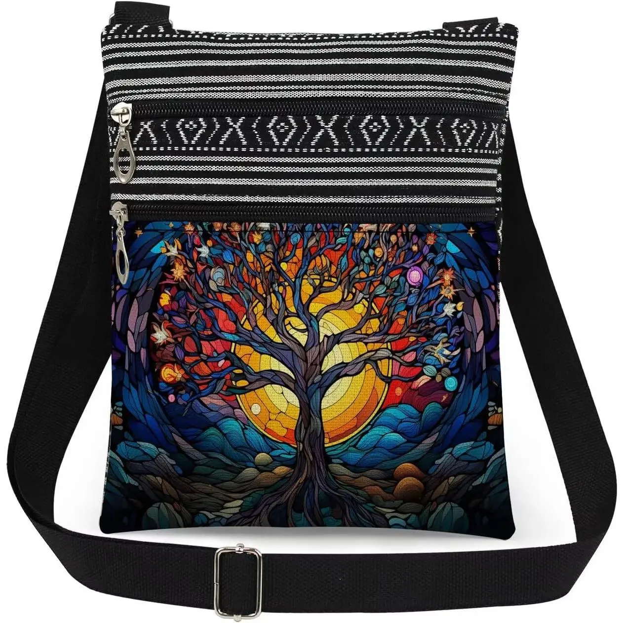 Women's Stained-Glass Tree of Life Crossbody Bag - Modern, Compact, Heat Print Design, Adjustable Strap Messenger Purse for Mom (Birthday, Mother's Day Gift)
