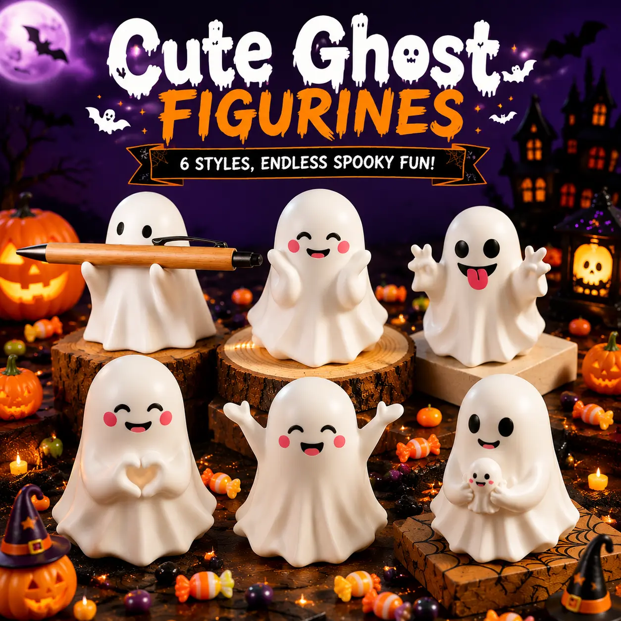 6 Pack Cute Ghost Figurines, Halloween Decorations, Mini Ghost Ornaments Set for Home Party Desk Decor & Holiday Gifts-YY