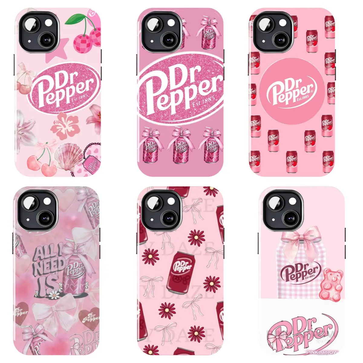 Dr Pepper Coquette Pink Hard Case, featuring a glittery logo, bow, cherry blossom, bear, and plaid print. This durable, shockproof case is compatible with iPhone 11–17 Pro Max/Plus series and Samsung Galaxy S23–S25 series.