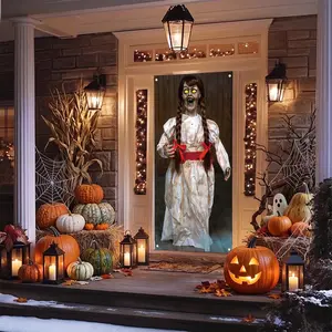 Annabelle Evil Doll Pattern Halloween Front Door Banner, Perfect as Halloween Decorations, Haunted House Prop, Party Backdrop, Yard Decor, Porch Sign, Photography Background, Window Display, Ideal for Creating Spooky Atmosphere
