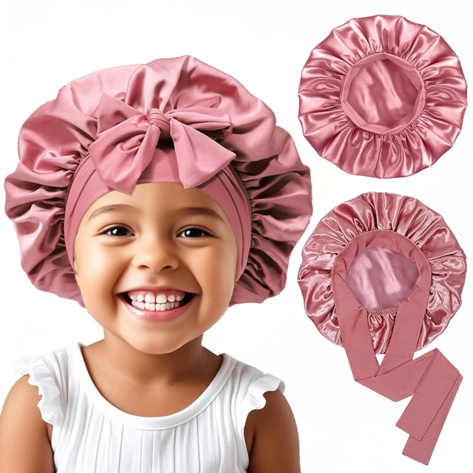 Stretch Satin Sleep Cap for Kids & Toddlers, Double Layer Bonnet with Bow & Ribbon Ties for Shower, Light Dusty Rose Pink, Double Layer - Light Dusty Rose & Pin, Showercap