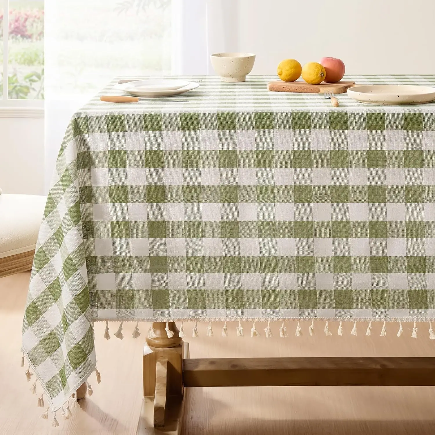 Outdoor Checkered Tablecloth, Linen Cotton Gingham Table Cloths for 6 Foot Rectangle Tables with Tassel, Heavy Duty Wrinkle Free Plaid Table Cover for Picnic Camping - 55 x 84 Inch, Sage