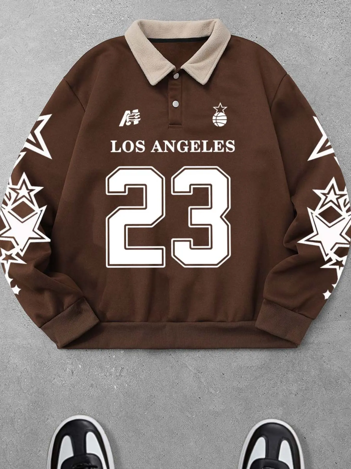 Men’s Sherpa Collar Polo Sweatshirt, Los Angeles 23 Number Star Print, Long Sleeve, Soft Fleece, Casual Streetwear, Fall & Winter